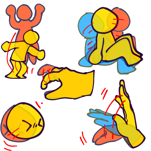 A drawing of five different body stims. Each stim is two or three static poses, colored yellow, red, and blue. In the top left is a cartoony person jumping into the air. In the top right is a cartoony person sitting down, rocking back and forth. In the middle is a hand tapping its index finger. In the bottom left is a cartoony emoji shaking its head back and forth with its eyes closed. In the bottom right is a hand flapping its wrist up and down.